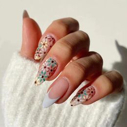 Faux ongles été fleurs colorées blanc français forme de goutte d'eau faux détachable brillant presse sur avec ensemble de colle