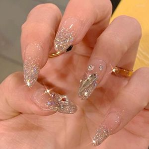 Faux Ongles Super Brillant Strass Conception Faux Ongles Longue Tête Pointue Style Coréen Appuyez Sur Le Patch Fini Complet Art