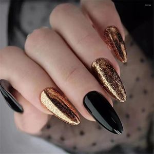 Faux ongles doux cool noir or faux ongles conseils avec des dessins français amande ensemble presse sur couverture complète manucure