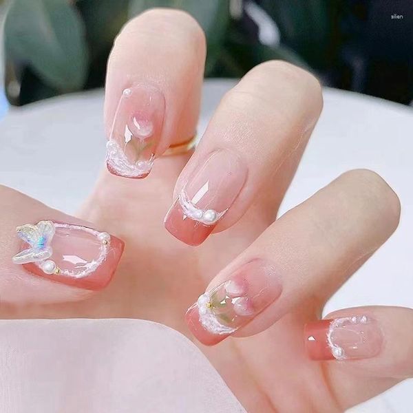 Faux ongles doux élégant romantique tulipe fleurs porter poudre à ongles fard à joues perle vernis français chaud brillant