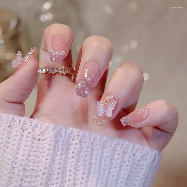 Faux ongles doux été faux patchs rose paillettes nue presse sur les femmes portables autocollants d'art d'ongle entièrement fini