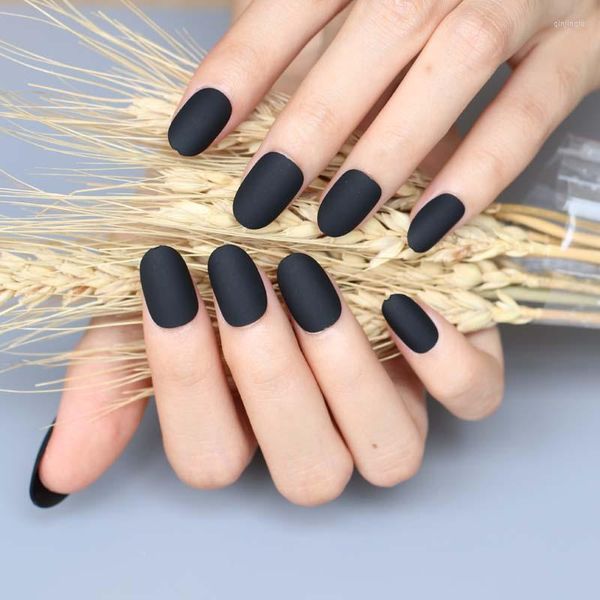 Faux Ongles La Dernière Couleur Unie Bonbon Givré Faux Tête Ronde 24pcs Noir