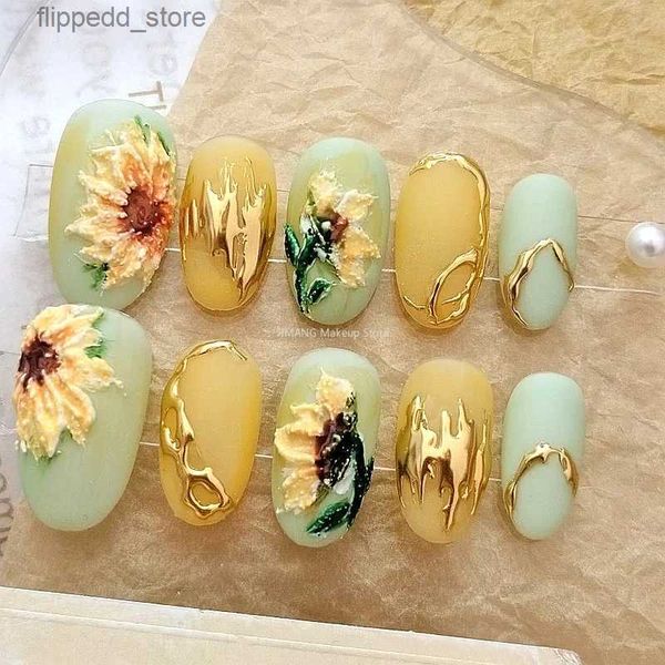 Faux ongles en trois dimensions Design tournesol presse sur les ongles faits à la main Style français faux ongles conseils courts faux ongles réutilisables avec colle cadeau Q231114