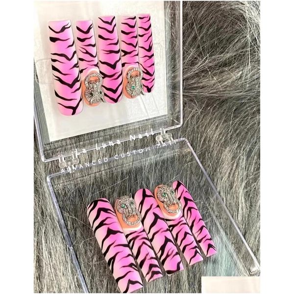 Falsas uñas Tiger Stripe Tubo hecho a mano Ballet Actor Nail Flash Acrílico Punta Press Stud Diamond Etiqueta Drop Entrega Salud Belleza Arte Dhahz