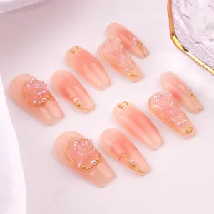 Faux ongles haut de gamme ensemble français long art fleurs faites à la main artificielle acrylique presse sur les décorations de pointes roses