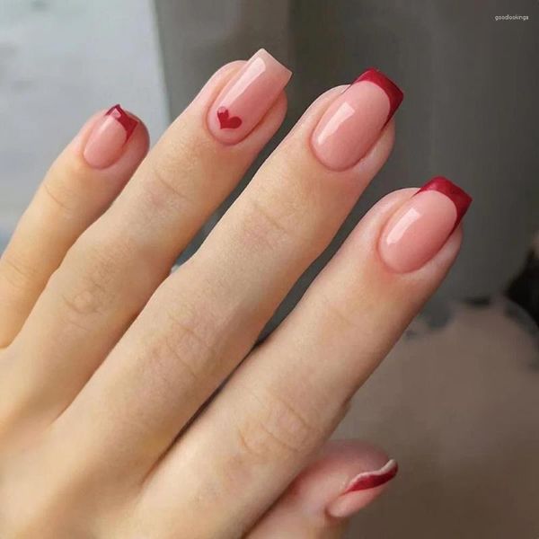 Faux Ongles Collection Saint Valentin Français Faux Tête Carrée Manucure Portable Ongles Couverture Complète Rouge Amour Presse Sur Fille