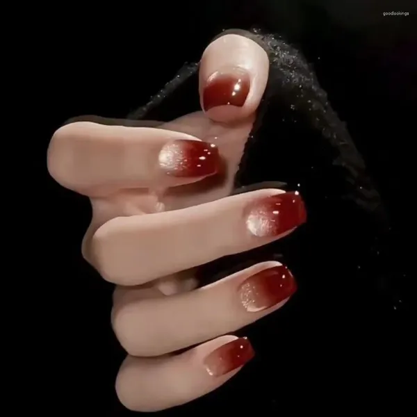 Uñas postizas Día de San Valentín Francés Falso Impermeable Ojo de gato Manicura usable Puntas de uñas Cubierta completa Forma cuadrada Presione sobre las mujeres