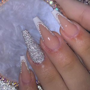 Valse nagels W411 Bling Glitter White French Tip Press On Extra Long Coffin Herbruikbare lijm