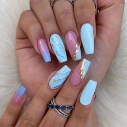 Kunstnagels Wearable Fake High-End Blue Smudged Medium en Long Gold Foil Fragments Full Cover Nail Tips Set Press On DIY Tool