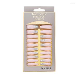 Faux ongles portables rose pâle mat 24pcs long cercueil paillettes ballet couverture complète pointes d'ongles