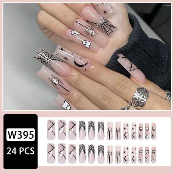 Faux Nails Presse portable sur la mode long Ghost Halloween Halloween Fake Full Cover Spider Web Manucure Nail Conseils