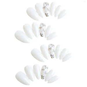 Faux Nails White Almond Press-On Nail Simple Style Artificiel avec design de fleur mignon Fake pour les femmes et les filles