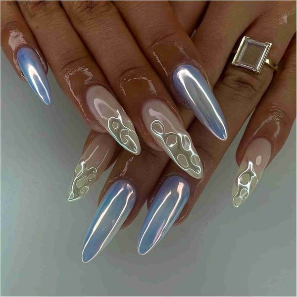 Faux Ongles Blanc Bleu Chrome Perle Longue Amande Presse Sur Ongles Élégant Faux/Faux Ongles Mariage/Anniversaire/Événement/Prom Nail Art Réutilisable Na Q231114