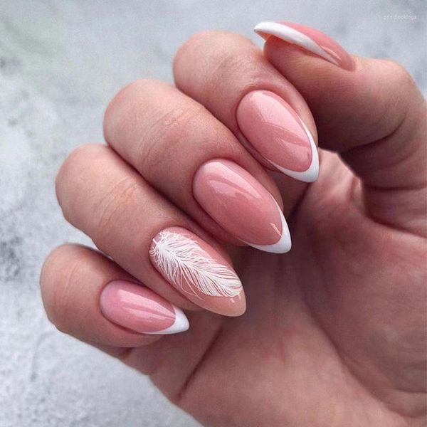 Faux Ongles Blanc Plume Conception Portable Nail Art Simple Français Long Stiletto Fini Appuyez Sur Avec De La Colle En Gros