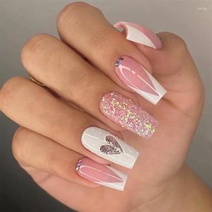 Faux ongles blanc ballerine française faux rose argent paillettes amour diamant étanche presse sur le patch d'ongle fini