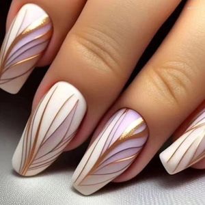 Uñas postizas Línea de oro blanco Glitter Powder Frosted Luxury Sparkle Burst Fake Art Nail Tips Ballet Acabado Prensa sobre pegamento Manicura