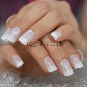 Faux ongles blanc dégradé couleur presse sur ongles carré moyen transparent style français faux ongles avec autocollant de colle x0826