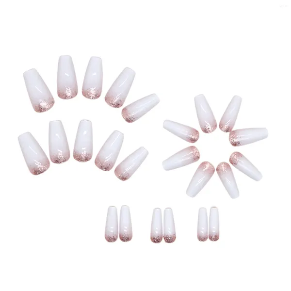 Faux ongles dégradés blancs avec décor de paillettes, faux durables, ne se séparent jamais, confort pour robe de fille assortie