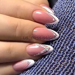 Unghie finte Linea bianca Unghie finte francesi Mandorla Nudo Rosa Artificiale Flash Nail Patch Design con paillettes lucide Indossabile Stampa sulle unghie 24 pezzi x0826