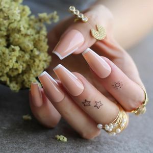 Faux Ongles Blanc Tipped Coffin Out Line UV French Tips Nude Glossy Fasle Sophistiqué Avec Un Peu De Bord Basculant Prud22