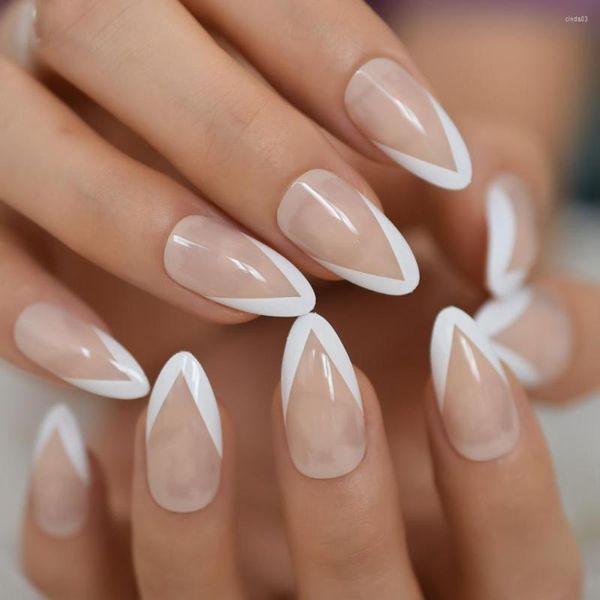 Uñas postizas, forma de V blanca, prensa de estilete francés medio en puntas prediseñadas de Color Natural con adhesivo adhesivo