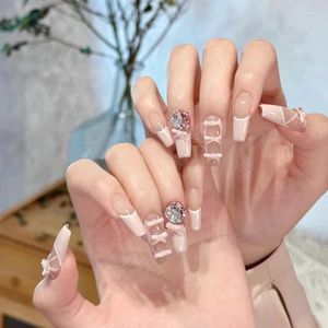 Faux ongles Y2K 24 pièces Ballerine longue femme carrée ongles conseils portable fausse fleur perle conception presse sur détachable