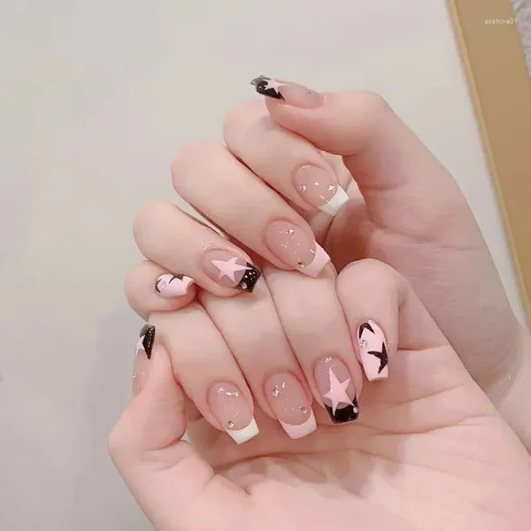 Faux ongles Y2K 24 pièces faux noir rose couleur presse française pointes d'ongles avec motif étoile à cinq branches artificiel pour les filles