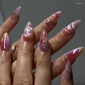 Faux ongles Y2K Presse sur Rose Violet Dégradé Amande Ciel Nuages Nail Art Étoile Lune Diamant Charmes Designs Faux Fini