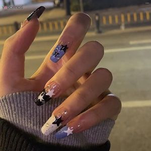 Faux ongles Y2K presse sur blanc/noir/violet français faux avec des dessins d'étoiles paillettes paillettes pour femmes filles Art