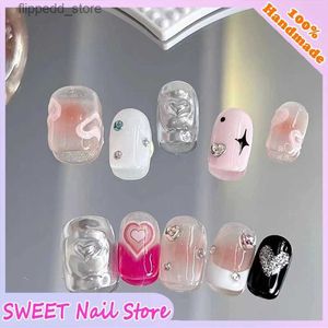 Faux ongles y2y faux ongles à presser courts réutilisables avec motifs ensemble français artificiel rose kawaii faux ongles à coller Tipsy Art Q231114