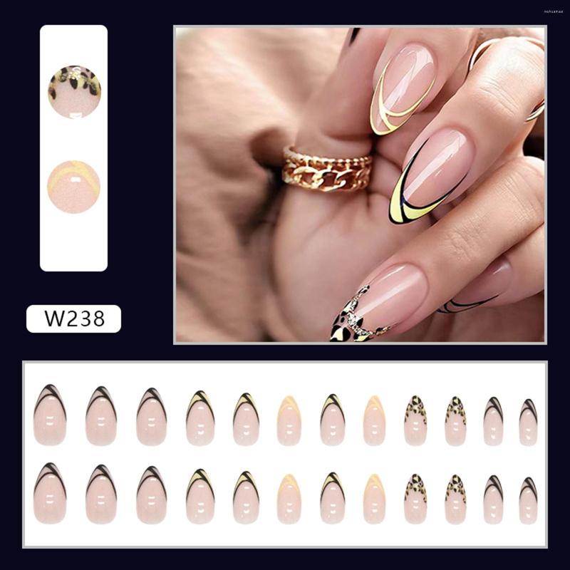 False Nails Yellow Nail Patch Simple Stripe Durable Fashion Leopard Print French Wearing Almond Finished Product 1ml