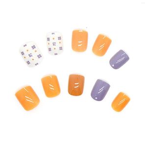 Faux ongles jaune violet Floral faux matériel sûr de longue durée imperméable pour les débutants pratique de décoration des ongles