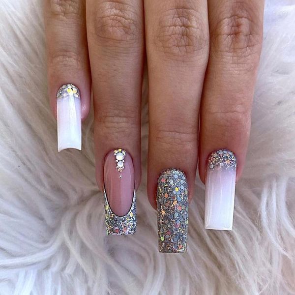 False Nails Z495 Bling French Tip Press en barra adhesiva reutilizable de longitud media