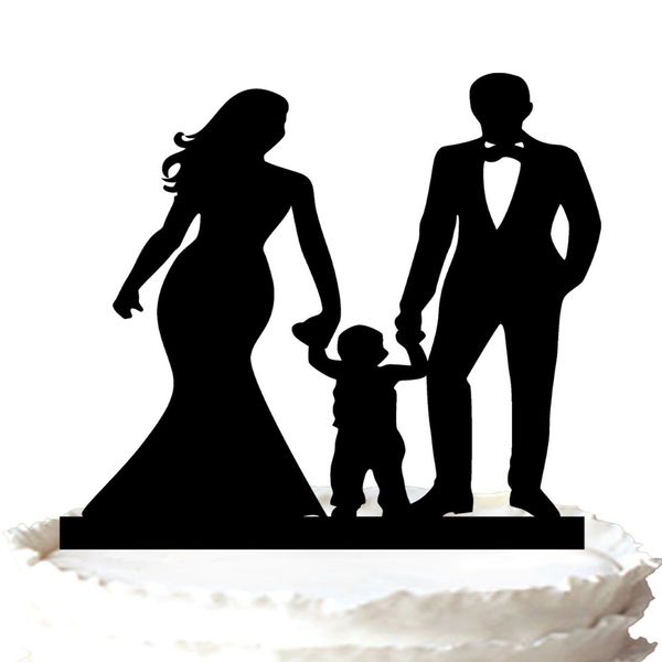 Topper de gâteau de famille-main de mariée et de marié avec leur mignon fils silhouette topper de gâteau de mariage 37 couleurs pour l'option 347S