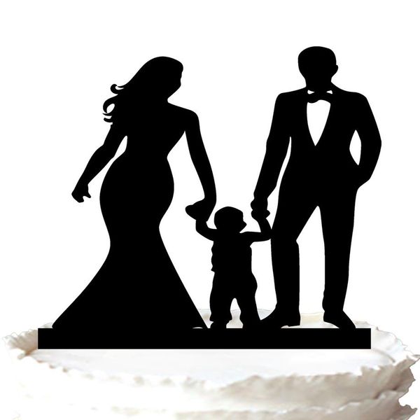 Garniture de gâteau de famille-main de la mariée et du marié avec leur mignon fils silhouette garniture de gâteau de mariage 37 couleurs pour l'option 202c
