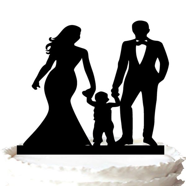 Topper de gâteau de famille - main de mariée et de marié avec leur silhouette de gâteau de mariage de fils mignon topper 37 couleur pour l'option 235I