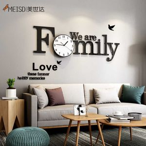 Familie DIY Wandklok Moderne Design Home Decor 3D Spiegel Stickers Grote Decoratieve Klokken Woonkamer Quartz Horloge 210724