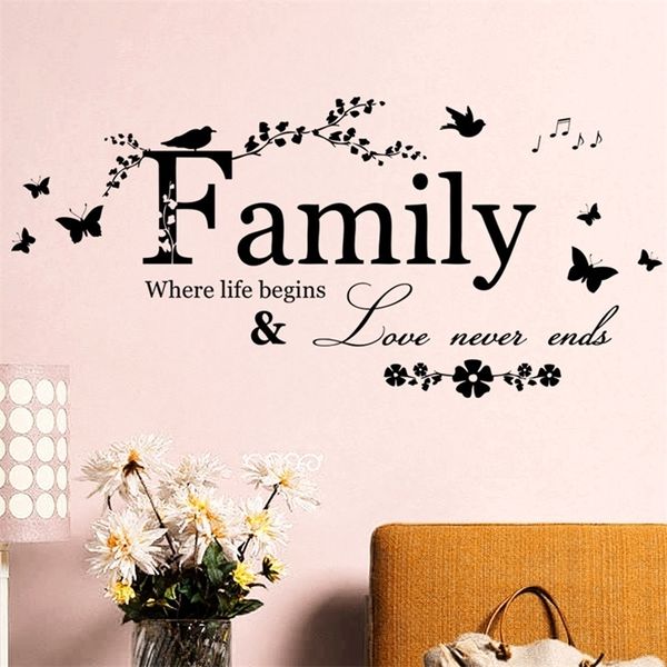 Famille amour ne finit jamais citation vinyle autocollant mural Stickers muraux lettrage Art mots autocollants décor à la maison décoration de mariage affiche 220727