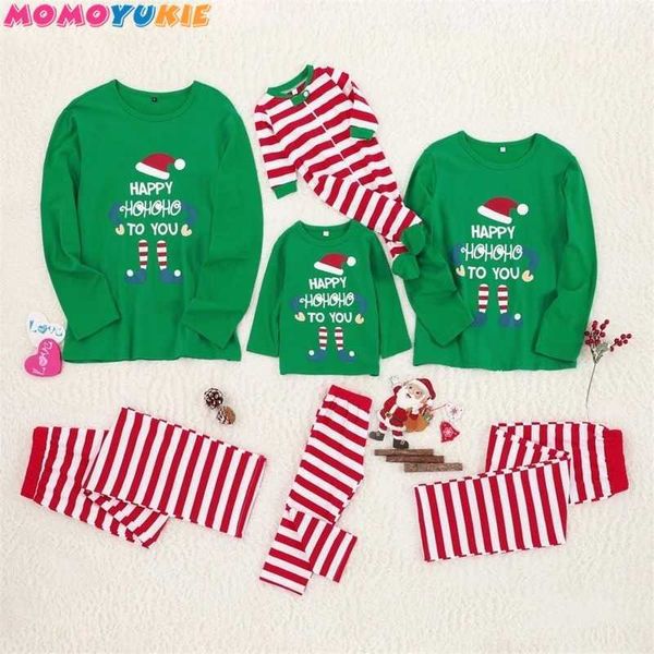 Famille correspondant tenue vêtements vêtements de Noël pyjamas ensemble maman et fille à manches longues rouge blanc vert rayures vêtements de nuit 210713