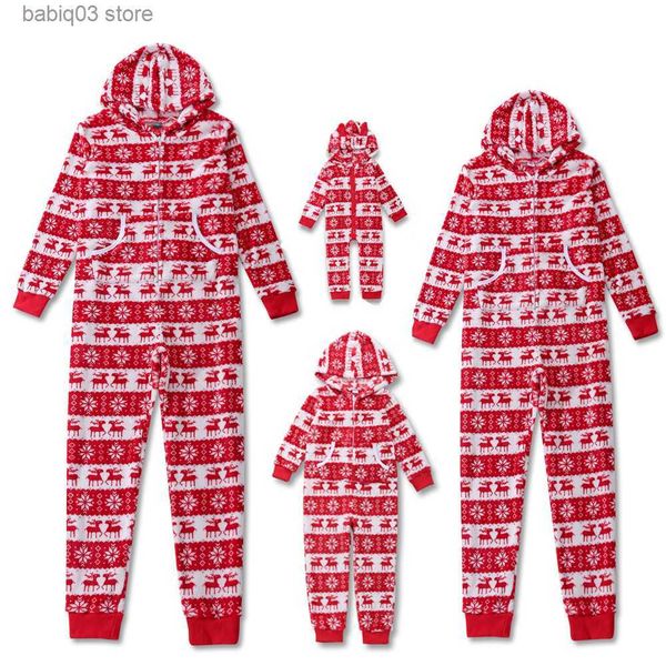 Trajes a juego de la familia 2023 Invierno Navidad Franela Pijamas Cálido Grueso Mameluco Adultos Niños Trajes a juego Cremallera suave con capucha General Navidad Familia Look T230921