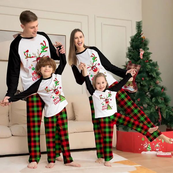 Famille correspondant tenues 2024 année parent-enfant tenue mignon cerf adulte enfant bébé pyjamas 2 pièces ensemble noël fille barboteuses homewear 231121