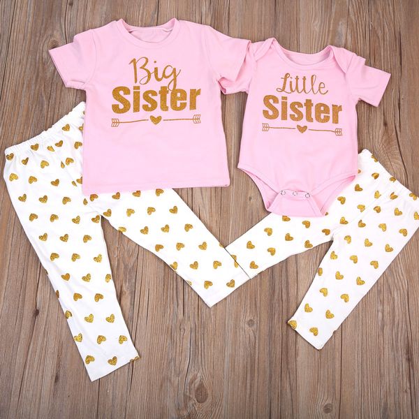 Famille correspondant tenues grande soeur t-shirt hauts pantalon petit bébé body pantalon coeur imprimer tenue vêtements 2 pièces ensemble Match 230511