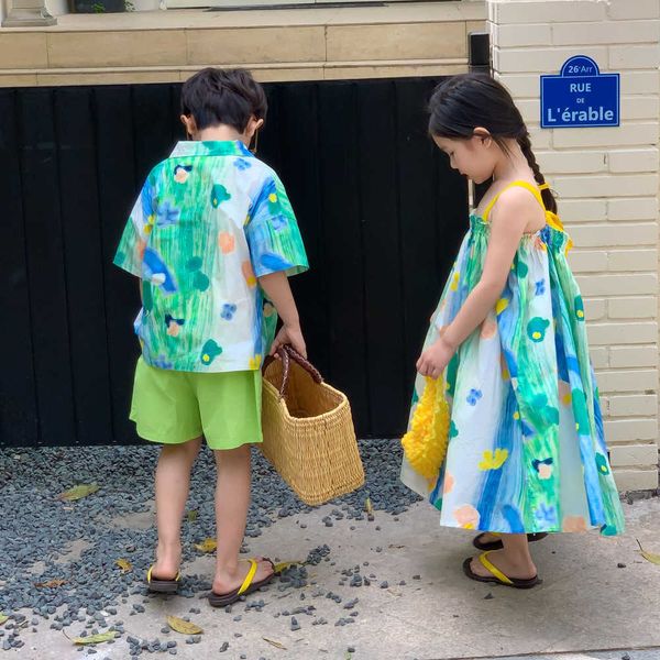 Trajes a juego para la familia, camisa para hermano, vestido para hermana, verano, niño, niña, pintura con tinta, tirantes, ropa, trajes a juego para la familia, aspecto de hermano