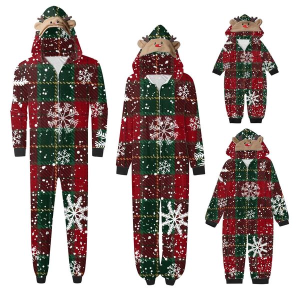 Trajes a juego de la familia Ropa de Navidad A cuadros Copo de nieve Imprimir Pijamas Trajes Cremallera Ropa de dormir Navidad 231218