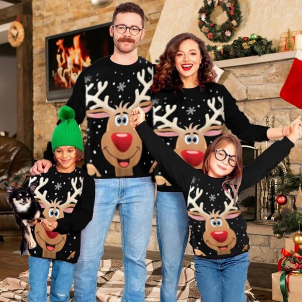 Trajes a juego de la familia Navidad lindo alce impresión suéter mamá papá bebé camisa de invierno pareja ropa conjunto niños sudaderas con capucha 231218