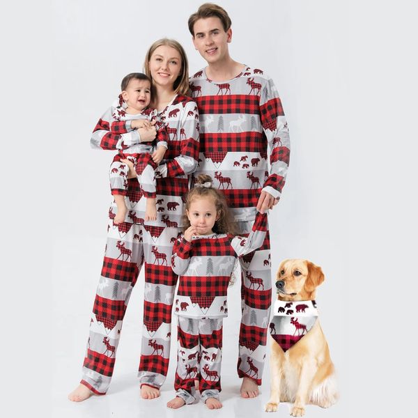 Trajes a juego para la familia Navidad ciervos estampado a cuadros ropa de dormir Parentchild 2 piezas pijamas conjunto bebé mameluco perro bufanda 231026