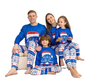 Tenues assorties à la famille Pyjamas de Noël Pyjamas de Noël à manches longues Lettre bleue Imprimé Couples Ensemble Mère Enfants Fille Maman Papa 2023 230914