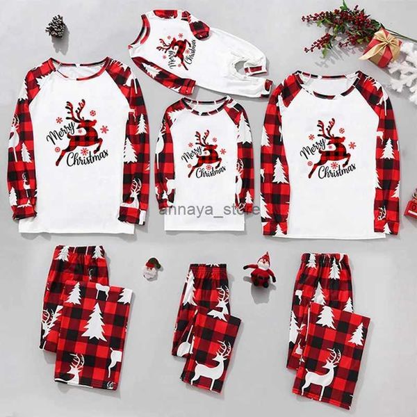 Conjuntos a juego para la familia Camiseta de manga larga de pijama navideño Ropa de descanso con estampado de letras y cuadros en la parte inferior Conjunto de pijamas navideños a juego para la familia L231211