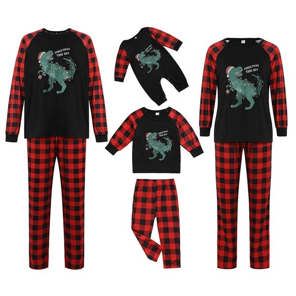 Trajes a juego para la familia Conjunto de ropa de dormir navideña Ropa de dormir a juego para la familia Estampado a cuadros de dinosaurio O-cuello Tops de manga larga Pijamas Pantalones Trajes para el hogar 231213