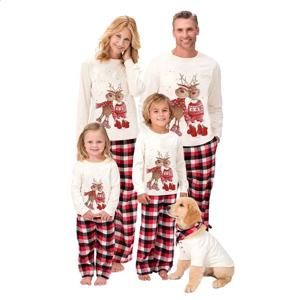 Trajes a juego para la familia Conjunto de pijamas navideños para perros Camiseta de manga larga con estampado de alces de dibujos animados y pantalones a cuadros Ropa para padres e hijos 231118